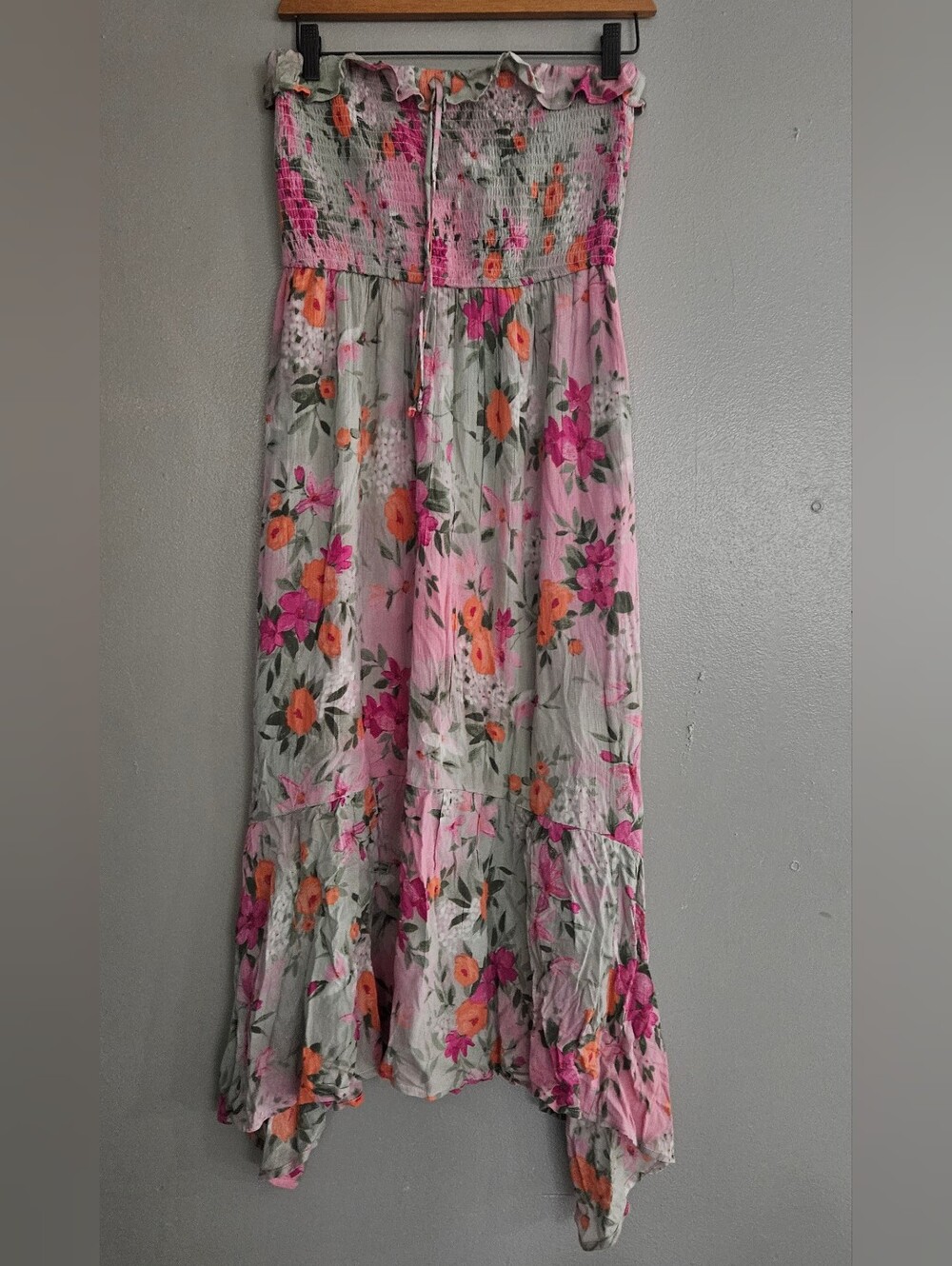 Hollister Pink and Orange Floral High-Low Strapless Maxi Dress